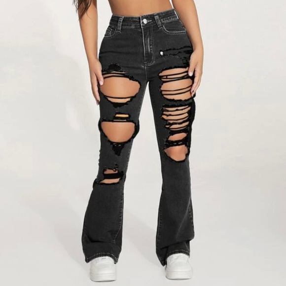 SHEIN Denim - Never Worn PETITE High Waist Ripped Flare Leg Jeans